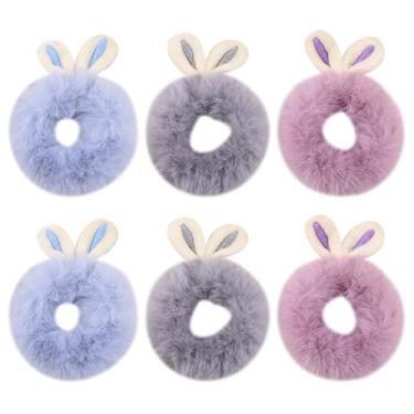 Imagem de 6 peças de orelhas de coelho laços de cabelo elásticos decorativos elásticos suportes de rabo de cavalo fofos cordas de cabelo elásticos elásticos elásticos laços de cabelo felpudo roxo azul cinza
