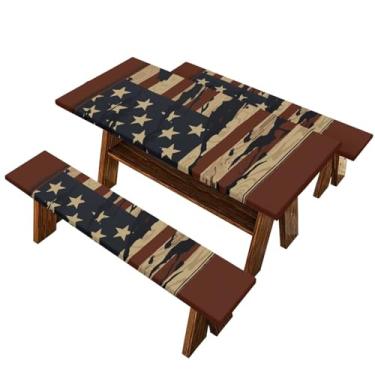 Imagem de Binienty Toalhas de mesa de acampamento com protetor de banco, retangular à prova de vento, toalha de mesa de piquenique com capas de banco para festas na praia e recepção – 1,80 m
