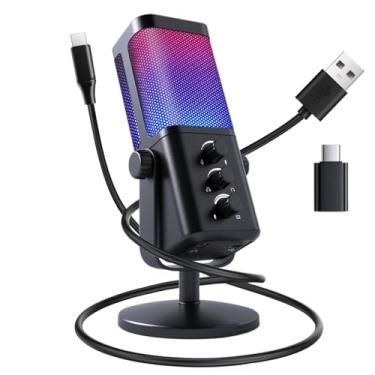 Imagem de VCOM Microfone USB para PC, microfone RGB para jogos com botão mudo, controle de ganho, conector de monitoramento de fone de ouvido de 3,5 mm, microfone de PC para jogos, streaming, podcast, locução