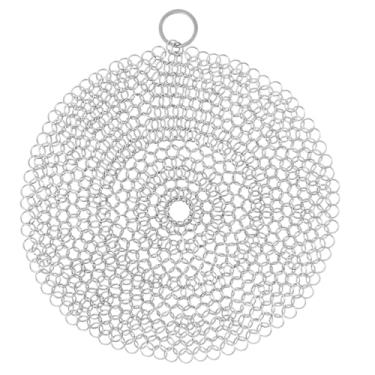 Imagem de Esfregador de panela de ferro fundido, limpador de frigideira de ferro fundido de aço inoxidável de 20 cm, esfregão de corrente redonda para frigideira, forno holandês, wok, panela de aço inoxidável