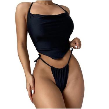 Imagem de Moda feminina sexy biquíni conjunto cor sólida bandagem maiô roupa de 