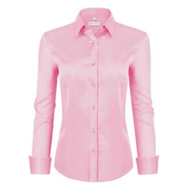 Imagem de Camisa social feminina siliteelon de manga comprida com botões rosa