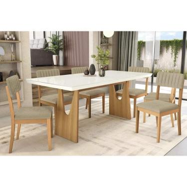 Imagem de Conjunto Sala de Jantar Mila Premium Madeira Maciça c/ Tampo Madeirado c/ Vidro 200x100cm e 6 Cadeiras Telma Carvalho/Off White - Boucle Bege Fendi-Ka