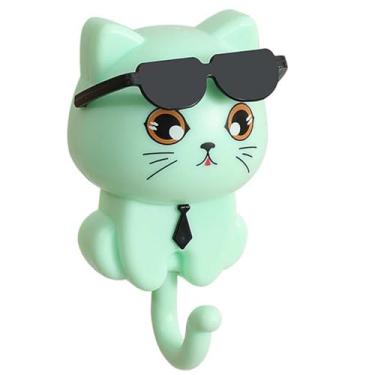 Imagem de O gancho de gato de óculos de sol verde é pendurado na parede. O porta-chaves para gatinhos é um chaveiro decorativo pegajoso com forte capacidade de carga. É adequado para banheiros, cozinhas e