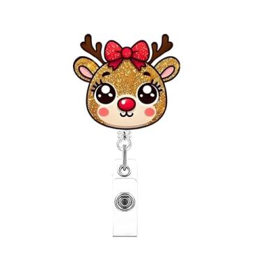 Imagem de Carretel de crachá de Natal, lindo laço de rena, porta-crachás retráteis de acrílico com clipe de jacaré, alce dourado, glitter, etiqueta de identificação, clipes decorativos para enfermeiras