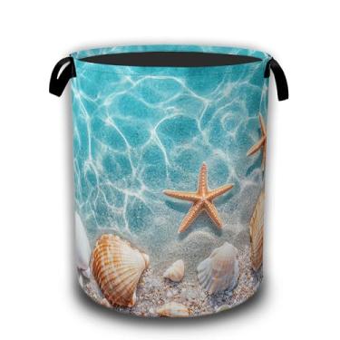 Imagem de Cesto de lavanderia, estrela do mar e concha na praia, cestos de lavanderia dobráveis à prova d'água, pano Oxford com alças, balde de armazenamento de roupas, organizador de brinquedos para banheiro
