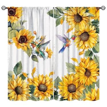 Imagem de Cortinas de madeira para cozinha de girassol rústico campestre de madeira floral padrão de plantas cortinas de janela para quarto, sala de estar, cozinha, casa de campo (L50 x C 114 cm) x 2 decoração