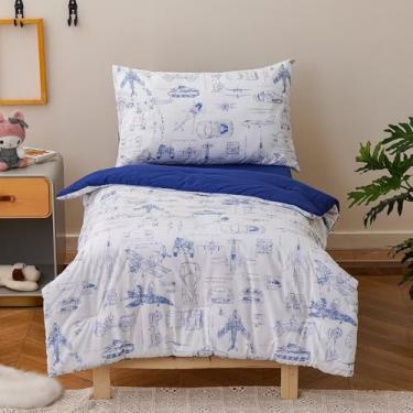Imagem de CLOTHKNOW Jogo de cama infantil com 4 peças, estampa de carro, avião, tanque, helicóptero, incluindo edredom, lençol de cima, lençol com elástico e fronha, branco e cinza