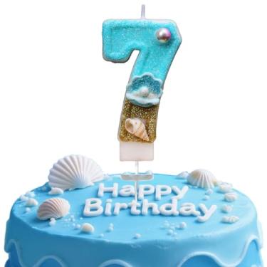 Imagem de Vela digital de aniversário, Blue Ocean Golden Beach No. 7, adequada para meninos e meninas, aniversários e celebrações, é o presente preferido para expressar amor (número 7)