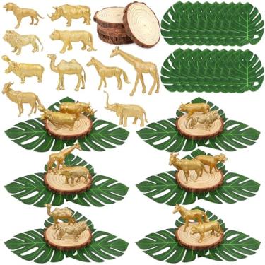 Imagem de MASTRON Centros de mesa de animais de safári – 6 conjuntos de decorações de animais da selva, inclui 12 figuras de animais de safári zoológico, 6 fatias de madeira, 18 folhas de palmeira tropicais