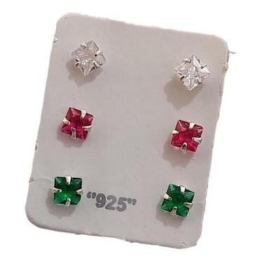 Imagem de Trio Brinco Pedra Zirconia Ponto De Luz Prata 925 Colorido - De Castro
