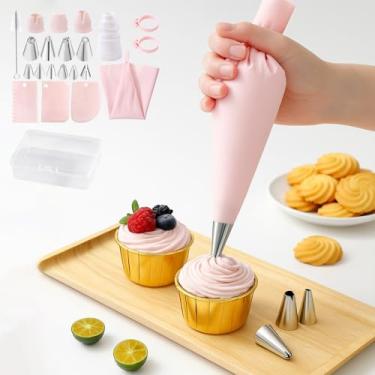 Imagem de Kit de decoração de bolo com 21 peças, kit de pontas de cobertura de aço inoxidável com saco de confeitar de silicone, raspadores, estojo e escova de limpeza, bolo faça você mesmo, sobremesa (rosa)