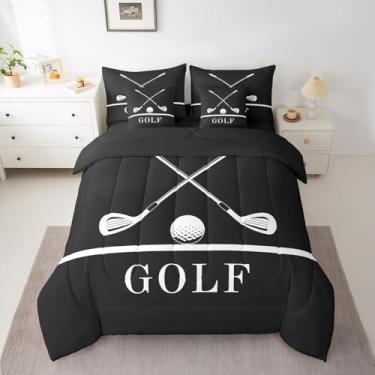 Imagem de Erosebridal Jogo de cama King com estampa de golfe, 7 peças, edredom com estampa de tacos de golfe, bolas esportivas, tema de jogos, para crianças, meninos, adolescentes, listras, preto e branco, com