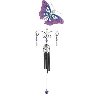 Imagem de ICE ARMOR Carrilhão de vento de borboleta rosa de 81 cm de comprimento com estátua de pedra preta para decoração de decoração de jardim, ideias de decoração de jardim para inauguração de casa,