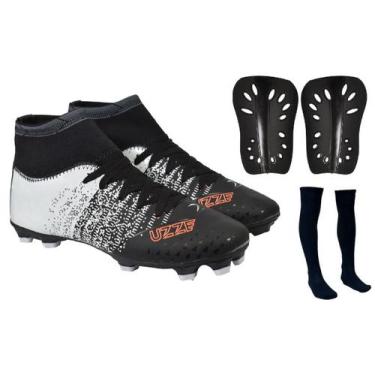 Imagem de Chuteira Campo Adulto Botinha UZ + Caneleira + Meião - Uzze, Preto, 43