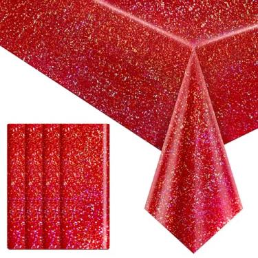 Imagem de 4 peças de toalhas de mesa a laser holográficas vermelhas para festas 101,6 cm x 274,3 cm toalha de mesa iridescente brilhante decoração de mesa para dia dos namorados galentinos princesa formatura