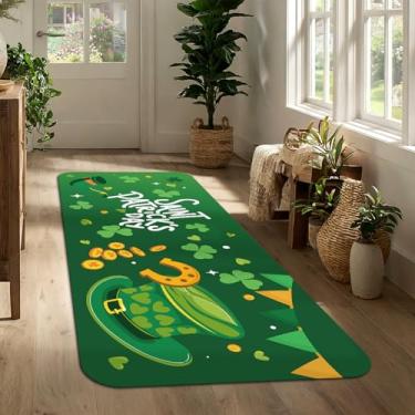 Imagem de Tapete de corredor do dia de São Patrício 43 x 129 cm, tapete de entrada da sorte trevo verde, tapete de porta longo antiderrapante para corredor, cozinha, porta da frente, decoração sazonal de casa