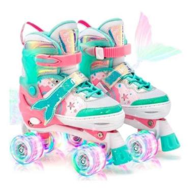 Imagem de Patins Quad Sereia 4 Rodas Infantil Tamanho Ajustável Com Luz de Led +