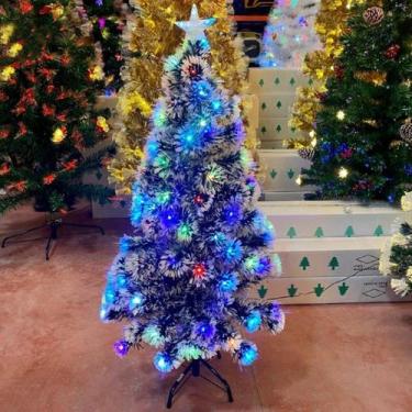 Imagem de Árvore de Natal verde nevada com ponteira de estrela, LEDs e base metá