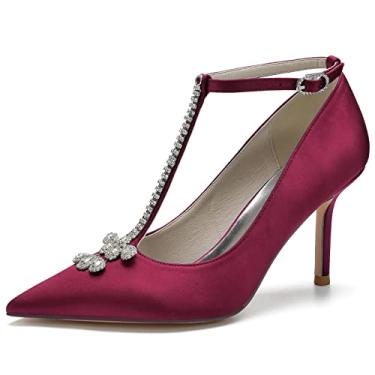Imagem de Sapatos de noiva de casamento de salto alto para mulheres de cetim sapatos fechados de dedo do pé sapatos de dama de honra com strass 36-43,Burgundy,9 UK/42 EU
