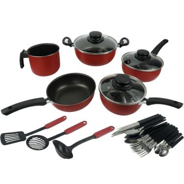 Imagem de Conjunto Panelas Elegan Antiaderent 24 Talher Vermelho Preto