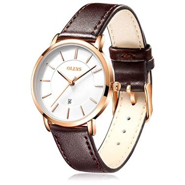 Imagem de OLEVS Relógio de pulso feminino impermeável, quartzo analógico, pulseira de couro marrom escuro ultrafina, calendário de data, caixa de presente incluída, Pulseira marrom escuro - mostrador branco com