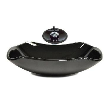 Imagem de Cuba de Vidro Abaulada 51cm + Válvula + Torneira Cascata Preto