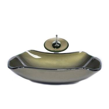 Imagem de Cuba de Vidro Abaulada 51cm + Válvula + Torneira Cascata Ouro