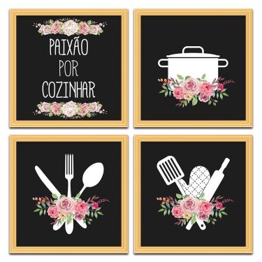 Imagem de Conjunto Quadros Decorativos 4 Pçs 20x20 Paixão Por Cozinhar Titulos Moldura Marfim