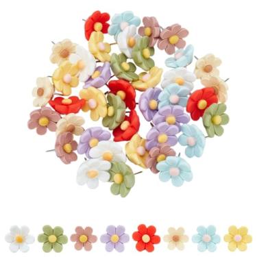 Imagem de DELORIGIN 40 peças de pinos de pressão de flores fofas para polegar, 8 cores, alfinetes florais decorativos para o polegar para quadros de avisos, quadros de cortiça, recurso de foto, mapa de parede