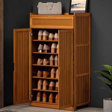 Imagem de Armário de sapatos de grande capacidade, 7 níveis, 4 portas, armário de armazenamento de sapatos de bambu, porta de entrada, design de porta com aba superior, armário estreito para sapatos, 33 cm
