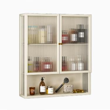 Imagem de Armário de banheiro montado na parede de 3 camadas, organizador de armazenamento de vidro de porta dupla, suporte de higiene de prateleira aberta, solução de armazenamento elegante para cozinha e
