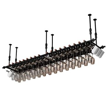 Imagem de Suporte para copo de vinho de teto, suporte de garrafa de vinho vintage, suporte de garrafa de teto de metal, prateleira decorativa de altura ajustável para bares, restaurantes, cozinhas suporte de