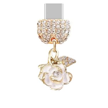 Imagem de ELISE & FONDA TP279 Tipo-C porta de carregamento USB cristal antipoeira pequena flor rosa pingente de telefone celular para telefones Samsung/Huawei/OnePlus/Xiaomi/oppo Android (branco), approx.1.5 cm