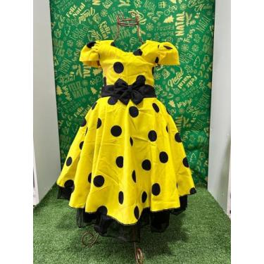 Imagem de Vestido Menina Infantil Elegante Luxo Amarelo Bolinhas Pretas Abelhinh