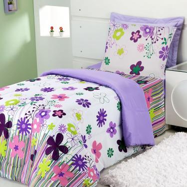 Imagem de Kit Coordenado Edredom Com Lençol Solteiro Alegria Lilás 100% Poliéster