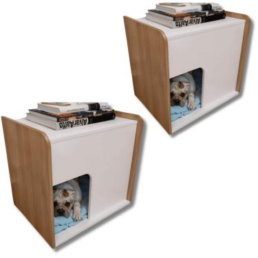 Imagem de Kit 2 Mesa De Cabeceira Cama Pet Cães 45x55x60 Branco E Amadeirado