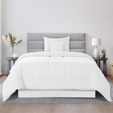 Imagem de Conjunto de edredom solteiro luxuoso de 4 peças, cama multifuncional em uma bolsa, inclui 1 edredom, 1 fronha, 1 travesseiro decorativo e 1 saia de cama (branco, solteiro)