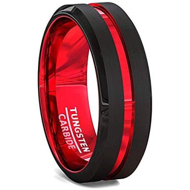 Imagem de QUEENWISH Alianças de casamento masculinas de carboneto de tungstênio vermelho-preto 8 mm acabamento fosco bordas chanfradas anéis de noivado para casais tamanho 12
