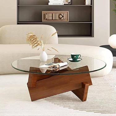 Imagem de Mesa de centro moderna, mesa de centro redonda de madeira maciça, mesa de centro contemporânea, mesa de coquetel