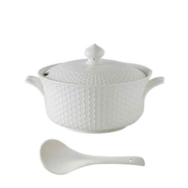Imagem de Conjunto de mesa de sopa de cerâmica com tampa e concha - seguro para forno para caçarolas, sopas e ensopados assados - grande volume de 2,5 L (padrão de favo de mel)