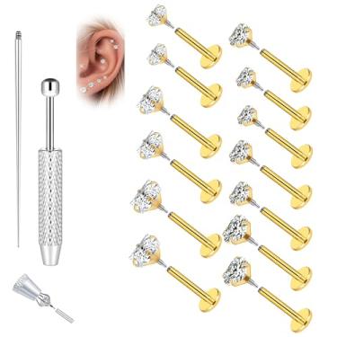Imagem de Piercing de aço inoxidável cirúrgico hipoalergênico Tragus Labret cartilagem CZ Stud Piercing Joia Helix cartilagem concha nariz lábio labret medusa Piercingenic Be Equipped With Piercing Ball Grabber