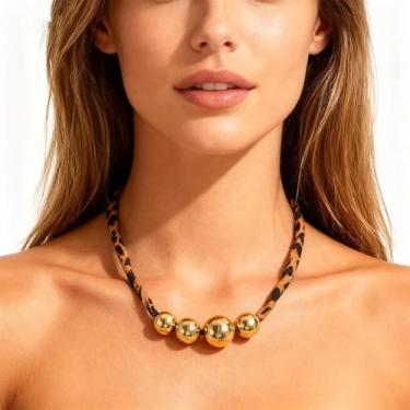 Imagem de Colar de cachecol de leopardo com pingente de coração de laço de pérola, pingente de bandana em camadas douradas, joia boho para mulheres, acessório moderno, Medium, Latão, Sem Pedra Preciosa