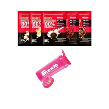 Imagem de Combo - Whey Protein Concentrado 30g em Sachê (5un - Chocolate, Cookies and Cream, Beijinho, Milkshake de Chocolate e Mousse de Maracujá) + Coqueteleira 600ml Rosa - Growth
