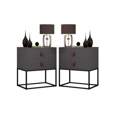 Imagem de Kit 2 Mesa de Cabeceira Para Quarto Mesinha Criados Com Puxadores em Couro e Pés de Ferro Unic 45cm (Cinza)