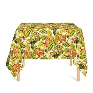 Imagem de Toalha de Mesa Quadrada em Tecido Jacquard Estampado Tucano Amarelo