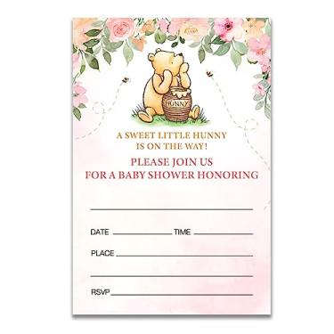 Imagem de Dolimifa Convites de chá de bebê rosa floral Ursinho Pooh Preencha o estilo clássico A Sweet Little Hunny is on the Way Winnie Baby Shower Convites, 20 unidades com envelopes