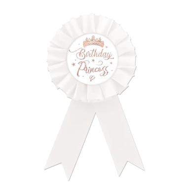Imagem de Broche de crachá de folha de flandres de princesa de aniversário, coroa de ouro rosa, pino de crachá de roseta branca de aniversário para menina, broches para festa de aniversário de meninas, broche