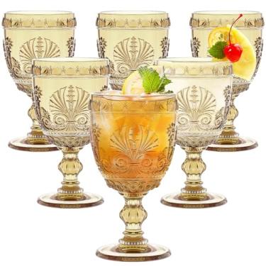 Imagem de Singhoow 6 peças de taças de vinho de 293 ml, taças de água coloridas retrô em relevo para suco de vinho, chá de bebê, recepção de casamento, festa de grande evento, lavável na lava-louças (âmbar)