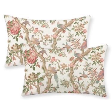 Imagem de GOLIANDA Chinoiserie Capas de almofada 30,5 x 50,8 cm, conjunto de 2 almofadas florais de pássaro verde rosa vintage flores decorativas para ambientes externos chinoiserie decoração fazenda capa de